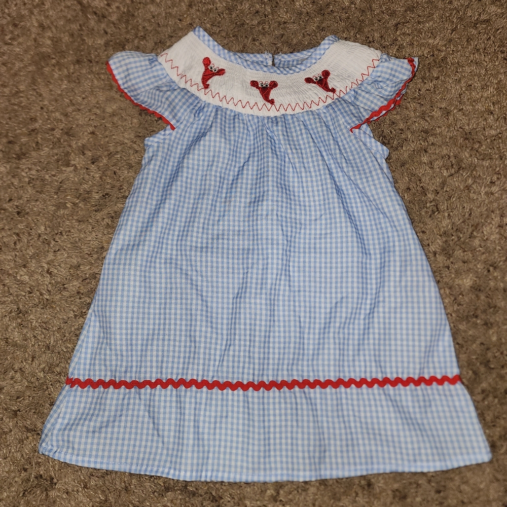 Girls 2xs (6-12m) Blue Gingham Dress with Lobster Embroidery